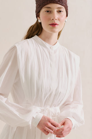 Long Sleeve Pleated Dress With Belt Detail Ecru