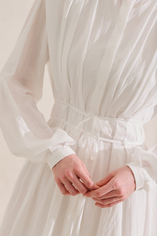 Long Sleeve Pleated Dress With Belt Detail Ecru
