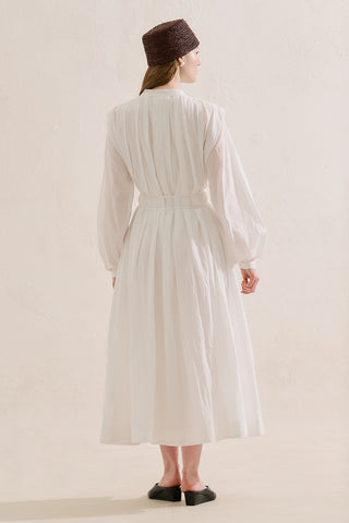 Long Sleeve Pleated Dress With Belt Detail Ecru