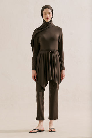 Modest Swim Set With Asymmetric Skirt Brown