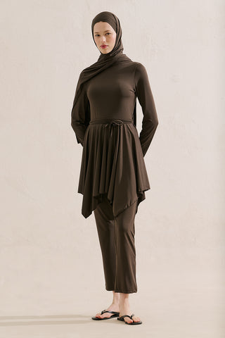 Modest Swim Set With Asymmetric Skirt Brown