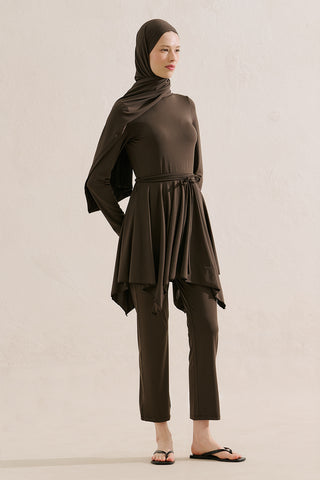Modest Swim Set With Asymmetric Skirt Brown