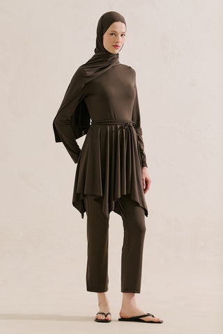 Modest Swim Set With Asymmetric Skirt Brown