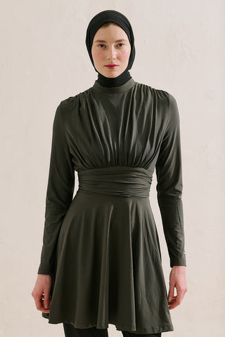 Ruffle Detail Belted Modest Swim Set Green