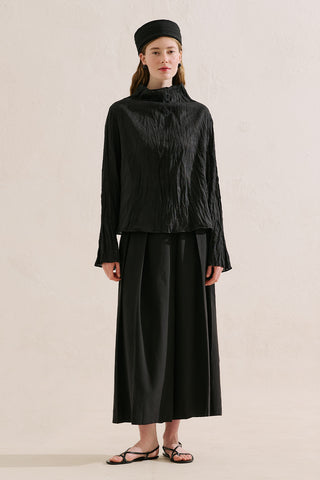 Linen Blend Crinkled Cropped Blouse Black