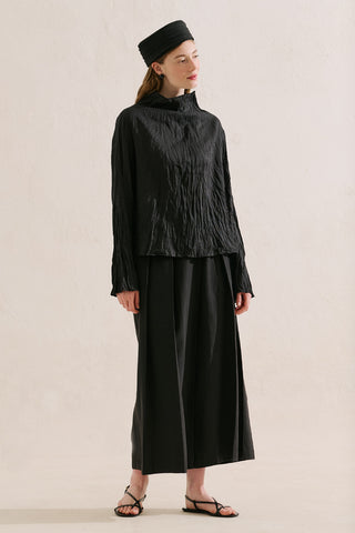 Linen Blend Crinkled Cropped Blouse Black
