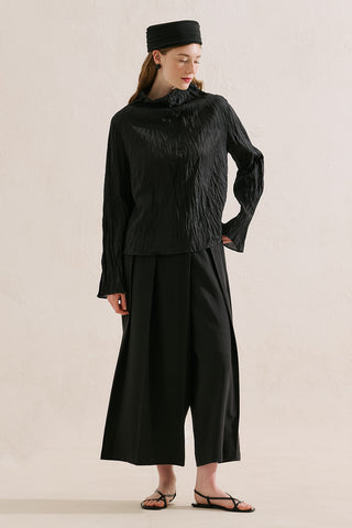 Linen Blend Crinkled Cropped Blouse Black