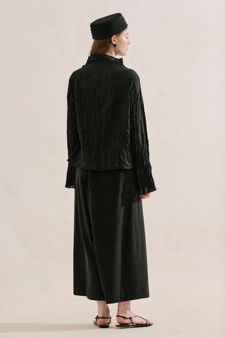 Linen Blend Crinkled Cropped Blouse Black