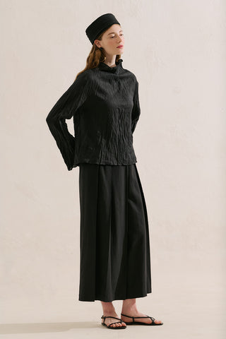 Linen Blend Crinkled Cropped Blouse Black