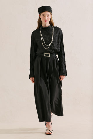 Linen Blend Crinkled Cropped Blouse Black