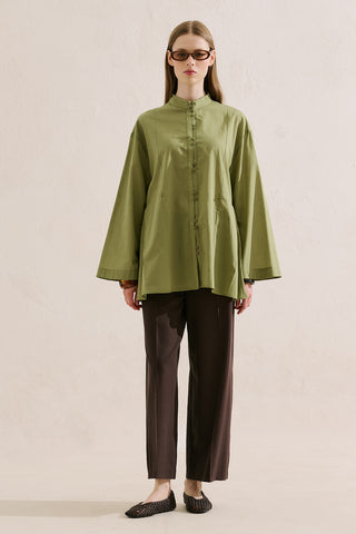 Layered Pleat Buttoned Shirt Grass Green
