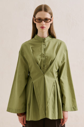 Layered Pleat Buttoned Shirt Grass Green