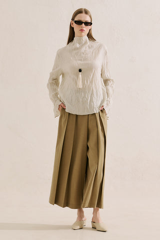 Linen Blend Crinkled Cropped Blouse Natural