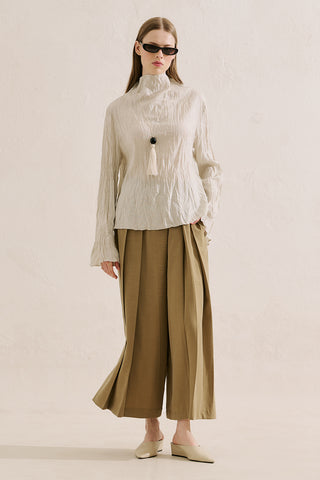 Linen Blend Crinkled Cropped Blouse Natural