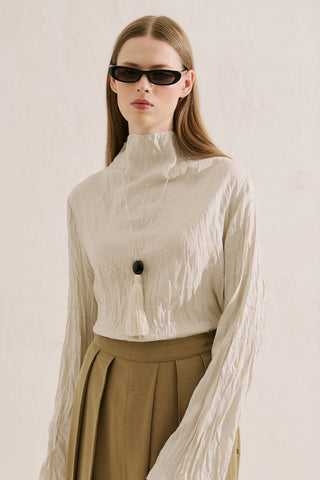 Linen Blend Crinkled Cropped Blouse Natural