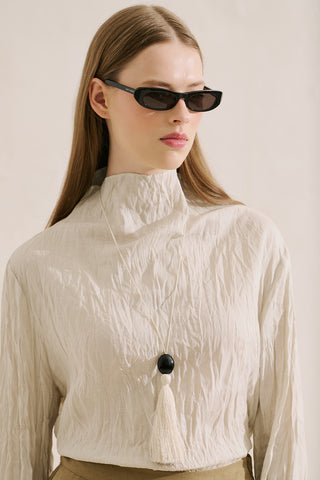 Linen Blend Crinkled Cropped Blouse Natural