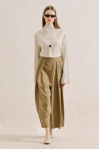 Linen Blend Crinkled Cropped Blouse Natural