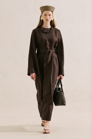 Linen Dress With Wide Belt Dark Brown