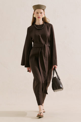 Linen Dress With Wide Belt Dark Brown