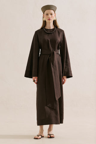 Linen Dress With Wide Belt Dark Brown