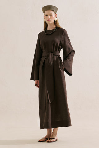 Linen Dress With Wide Belt Dark Brown