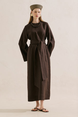Linen Dress With Wide Belt Dark Brown