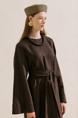Linen Dress With Wide Belt Dark Brown