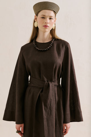 Linen Dress With Wide Belt Dark Brown