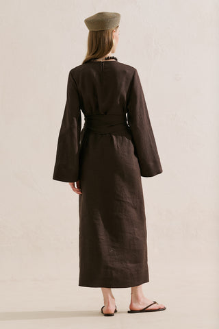 Linen Dress With Wide Belt Dark Brown