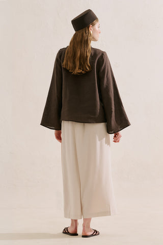 Layered Collar Linen Blouse Dark Brown