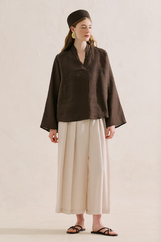 Layered Collar Linen Blouse Dark Brown