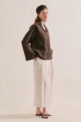 Layered Collar Linen Blouse Dark Brown