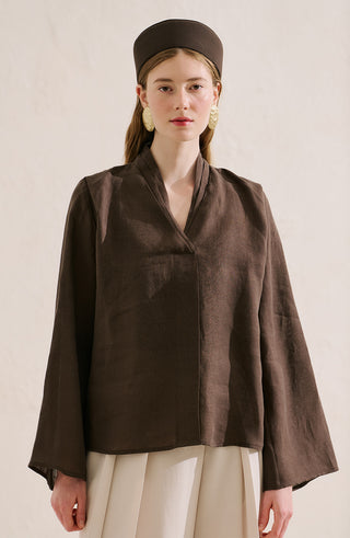 Layered Collar Linen Blouse Dark Brown
