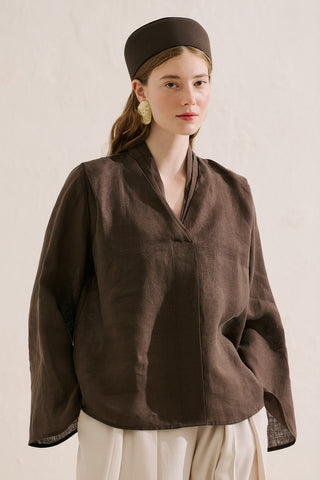 Layered Collar Linen Blouse Dark Brown