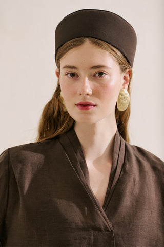 Layered Collar Linen Blouse Dark Brown
