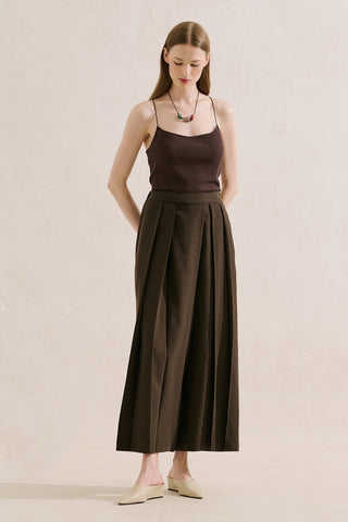 Linen Blend Skirt Effect Trousers Dark Brown