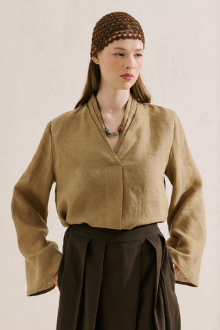 Layered Collar Linen Blouse Sahara