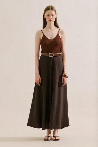 Linen Ruffle Skirt Dark Brown
