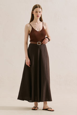 Linen Ruffle Skirt Dark Brown