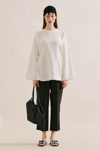 Linen Tie Detail Wide Sleeve Tunic Ecru