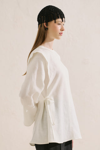 Linen Tie Detail Wide Sleeve Tunic Ecru