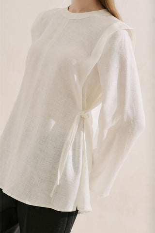Linen Tie Detail Wide Sleeve Tunic Ecru