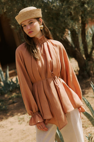 Shirred Linen Balloon Sleeve Blouse Almond