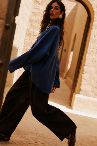 Linen Wide Sleeve Blouse Blue