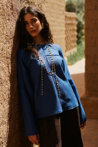 Linen Wide Sleeve Blouse Blue