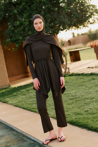 Modest Swim Set With Asymmetric Skirt Brown