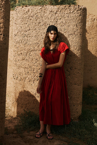 Pleated Dress With Belt Detail Red