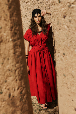 Pleated Dress With Belt Detail Red