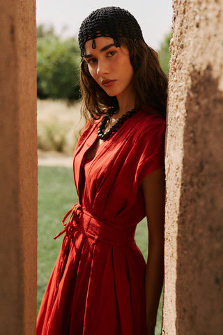 Pleated Dress With Belt Detail Red