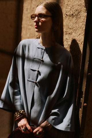 Linen Blend Wide Sleeve Jacket Blue